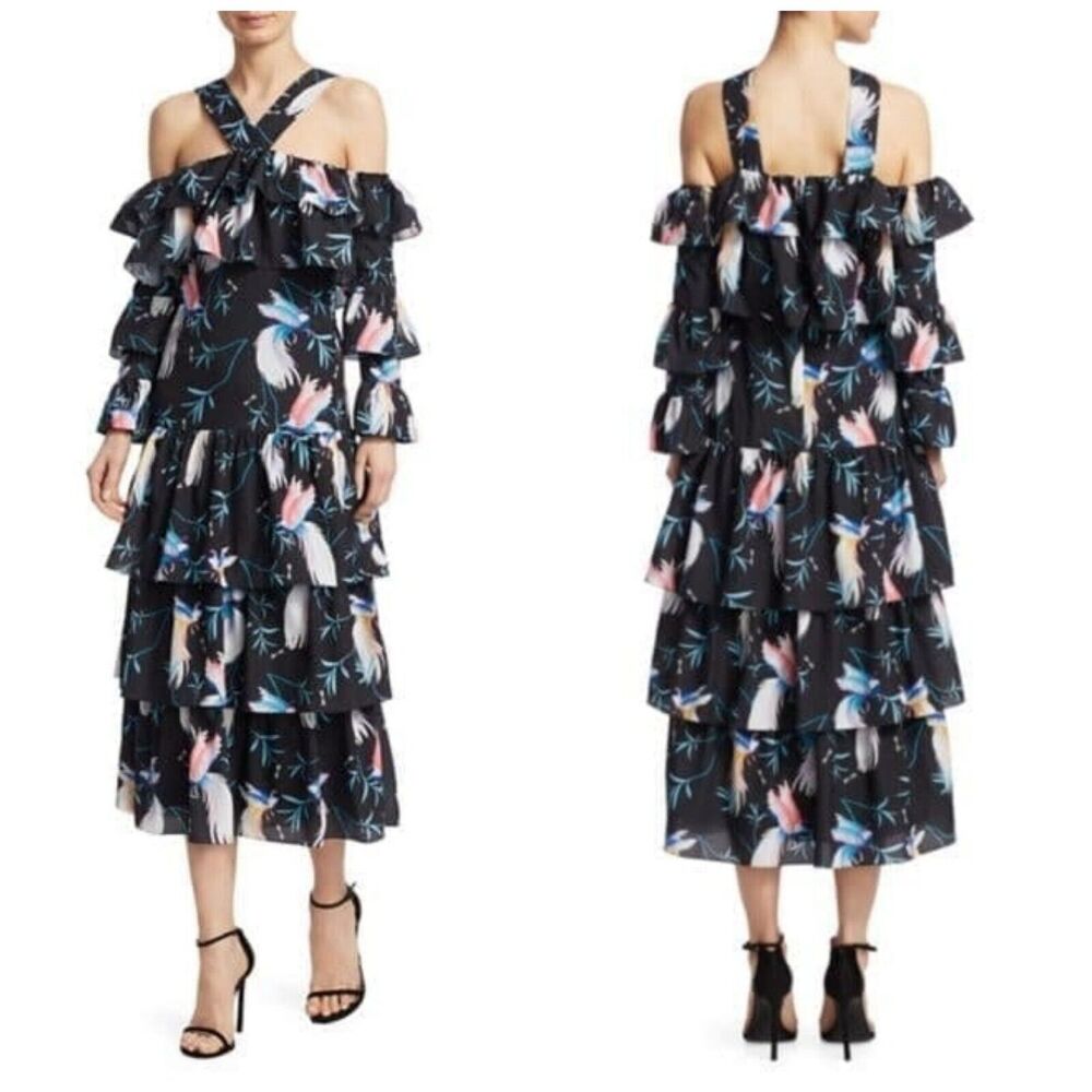 NWT Borgo De Nor Sandra Crepe Bird Ruffle Off Shoulder Midi Dress $1420 Sz 8